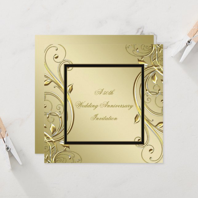 Flourish Gold Black 50th Wedding Anniversary Invitation (Front/Back In Situ)