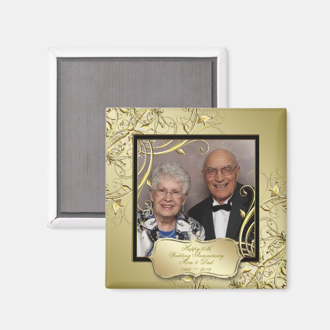 Flourish Gold Black 50th Wedding Anniversary Photo Magnet (Front/Back)
