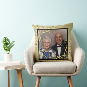 Flourish Gold Black 50th Wedding Anniversary Photo Throw Pillow