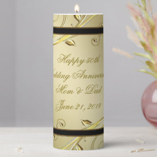 Flourish Gold Black 50th Wedding Anniversary Pillar Candle