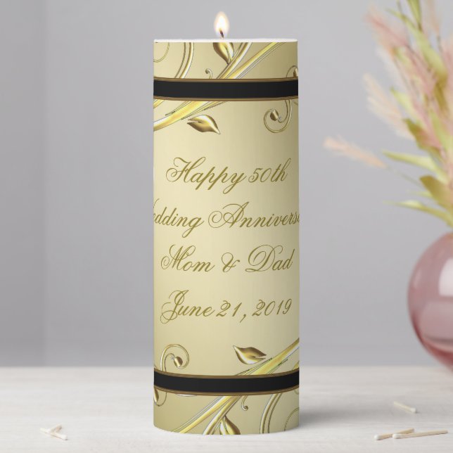 Flourish Gold Black 50th Wedding Anniversary Pillar Candle (In Situ)