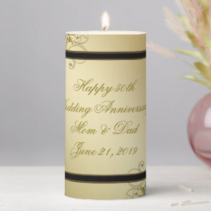 Flourish Gold Black 50th Wedding Anniversary Pillar Candle