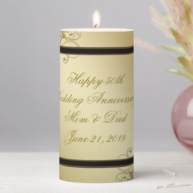 Flourish Gold Black 50th Wedding Anniversary Pillar Candle (In Situ)
