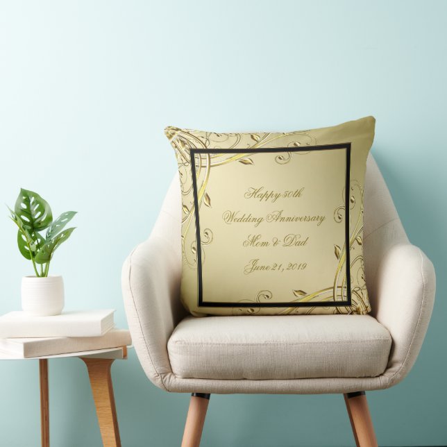 Flourish Gold Black 50th Wedding Anniversary Throw Pillow (Chair)