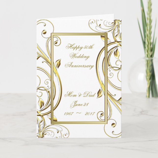 Flourish Gold White 50th Wedding Anniversary Card (Front)