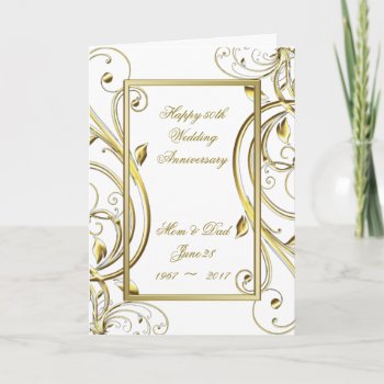 Flourish Gold White 50th Wedding Anniversary Card by CreativeCardDesign at Zazzle