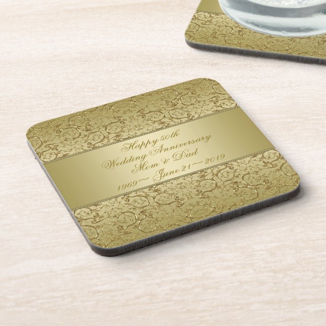 Flourish Golden 50th Wedding Anniversary Beverage Coaster (Left Side)