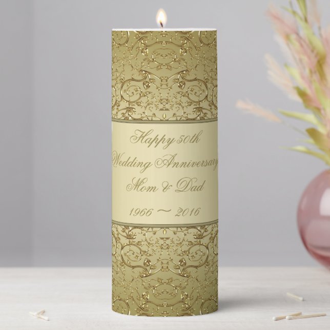 Flourish Golden 50th Wedding Anniversary Pillar Candle (In Situ)