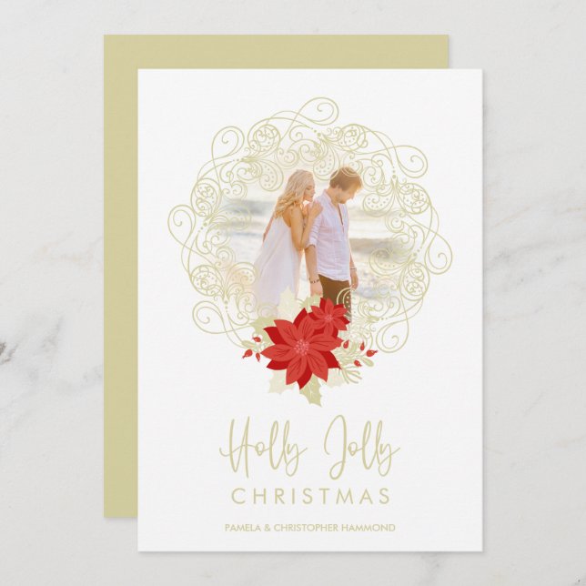 Flourish Golden Ornament Photo Christmas Flowers Holiday Card (Front/Back)