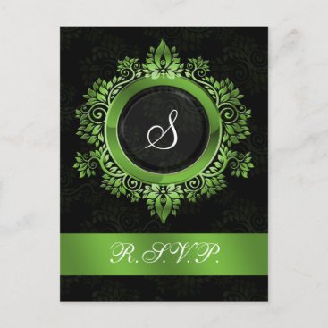 flourish green monogram elegant wedding RSVP Invitation Postcard