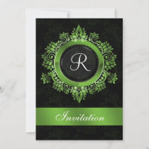 flourish green monogram  wedding Invitations