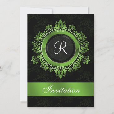 flourish green monogram  wedding Invitations