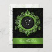 flourish green monogram wedding save the date announcement postcard (Front/Back)