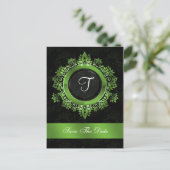 flourish green monogram wedding save the date announcement postcard (Standing Front)