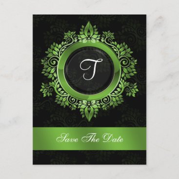 flourish green monogram wedding save the date announcement postcard