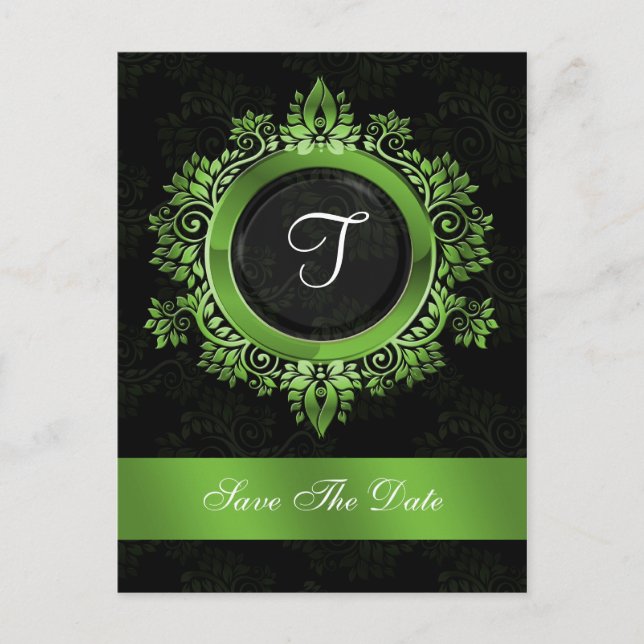 flourish green monogram wedding save the date announcement postcard (Front)