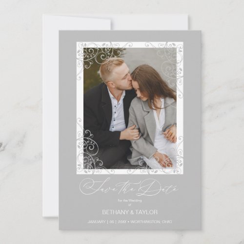 Flourish Grey Ornament Photo Wedding  Save The Date