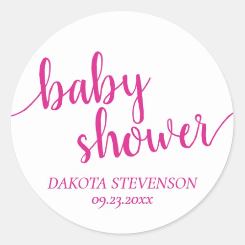 Flourish Hot Pink Script  Bubblegum Baby Shower Classic Round Sticker