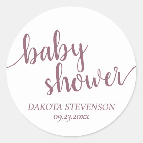Flourish Mauve Script  Dusty Pink Baby Shower Classic Round Sticker