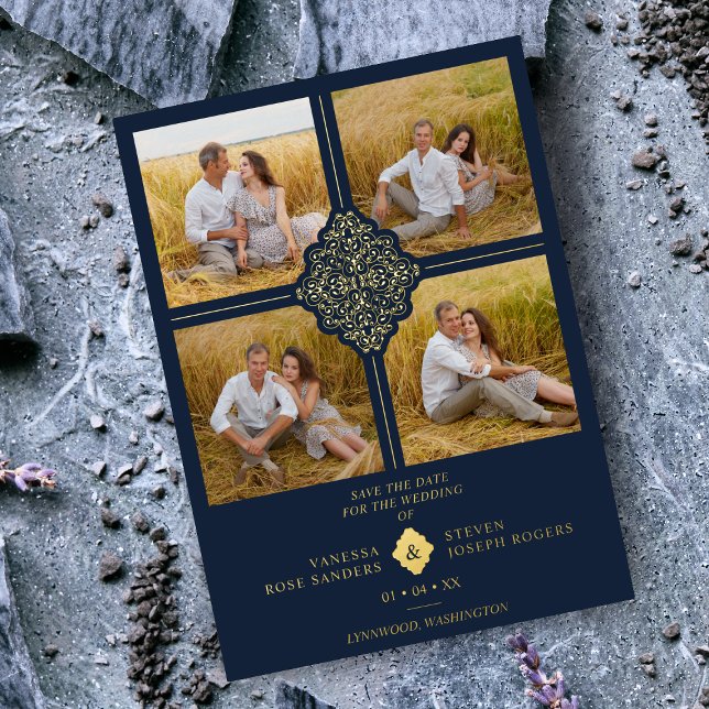 Flourish Navy Gold 4 Photos Classic Filigree Foil Invitation (Creator Uploaded)