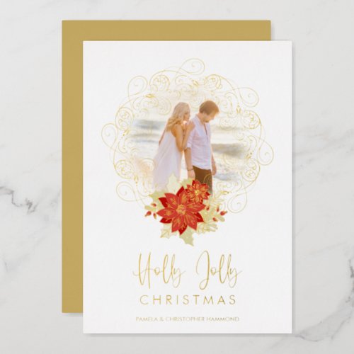 Flourish Ornament Photo Christmas Holly Jolly Foil Holiday Card