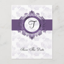 flourish purple monogram wedding save the date announcement postcard