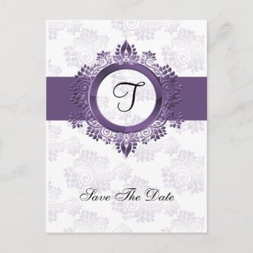 flourish purple monogram wedding save the date announcement postcard