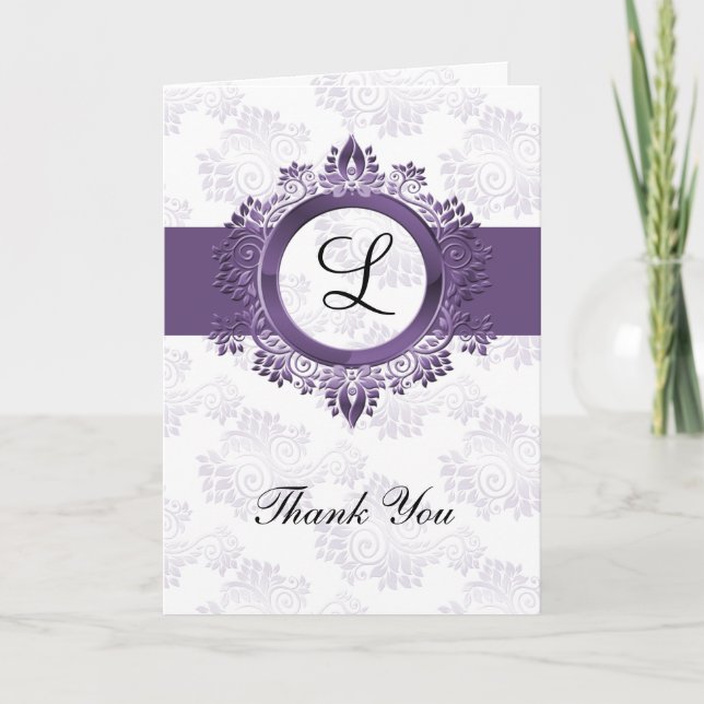 flourish purple monogram wedding thank you (Front)