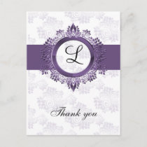 flourish purple monogram wedding thank you postcard
