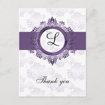 flourish purple monogram wedding thank you postcard