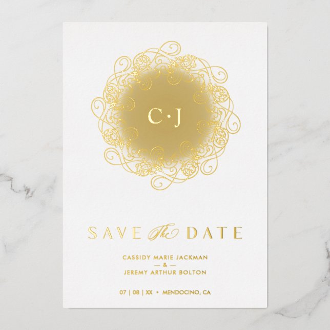 Flourish Real Golden Ornament Initials Wedding Foil Invitation (Front)