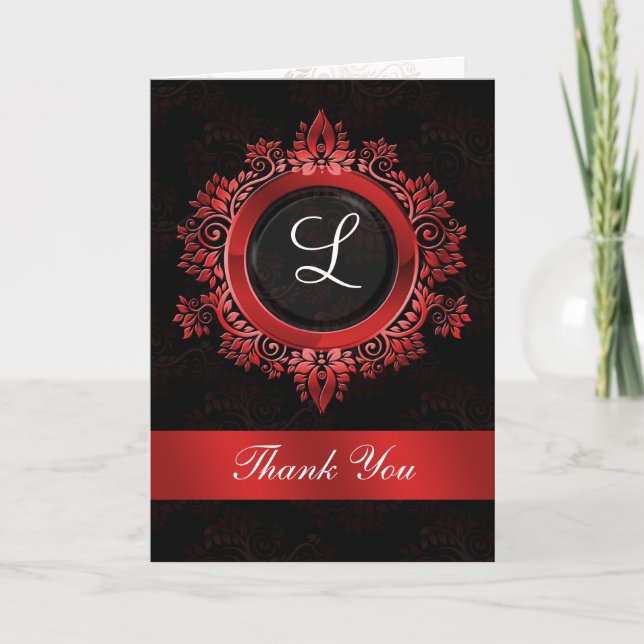 flourish red monogram wedding thank you (Front)