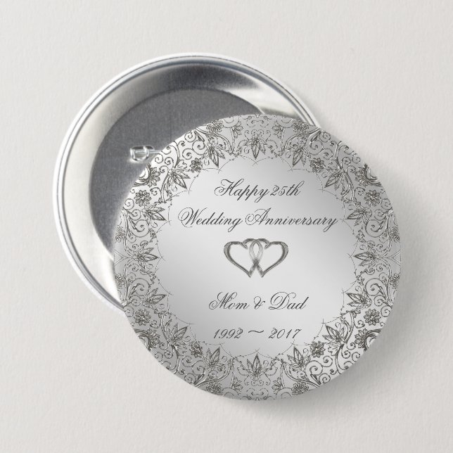 Flourish Silver 25th Wedding Anniversary  Button (Front & Back)