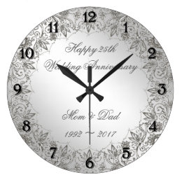 Silver Wedding Anniversary Wall Clocks Zazzle Flourish Silver 25th Wedding Anniversary Clock