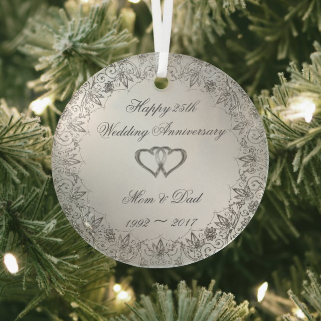 Flourish Silver 25th Wedding Anniversary  Glass Ornament (Insitu)