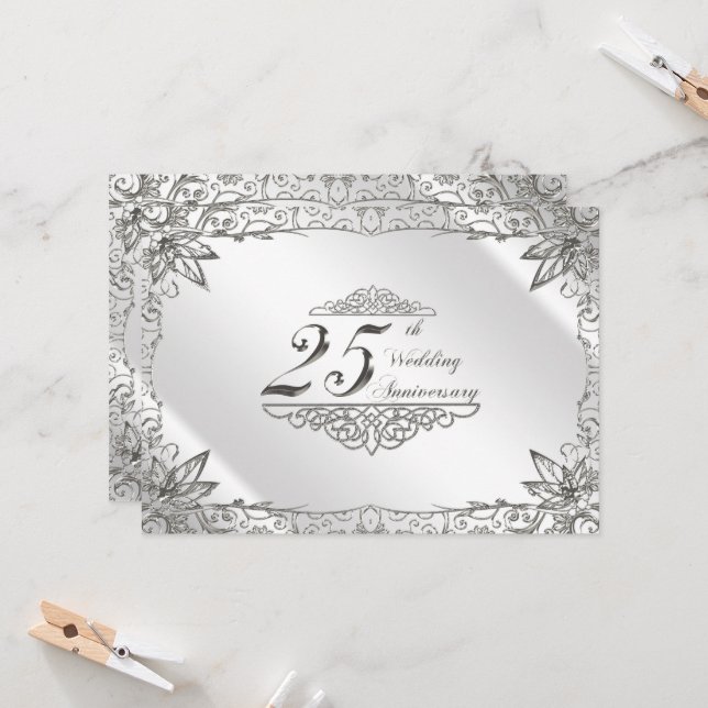 Flourish Silver 25th Wedding Anniversary Invite (Front/Back In Situ)