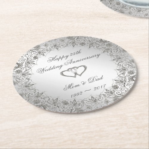 Flourish Silver 25th Wedding Anniversary Round Paper Coaster