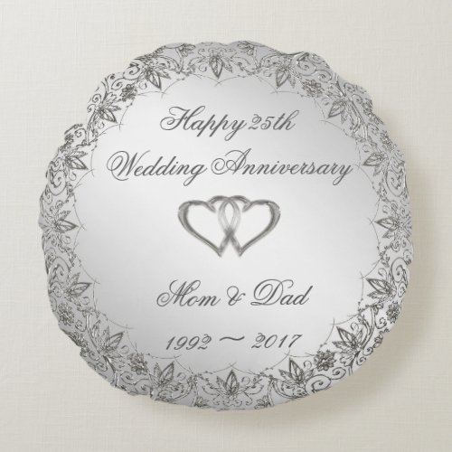 Flourish Silver 25th Wedding Anniversary Round Pillow