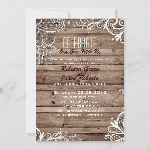 flourish swirls lace barn wood country wedding invitation