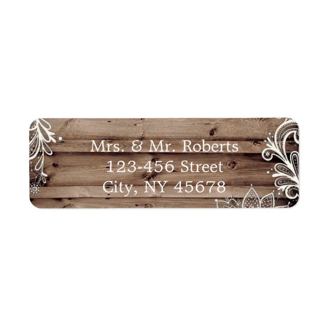 flourish swirls lace barn wood country wedding label (Front)