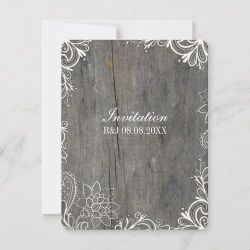 flourish swirls lace wood country wedding invitation