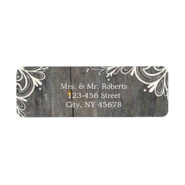 flourish swirls lace wood country wedding label (Front)