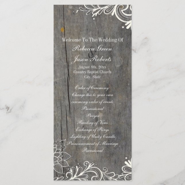 flourish swirls lace wood country wedding programs (Front)