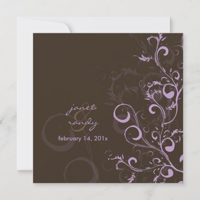 Flourish/swirls leaves/chocolate/lilac/lavender invitation (Front)