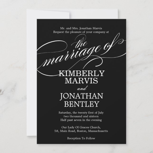 Flourish Text Vintage Wedding Invitation in Black (Front)
