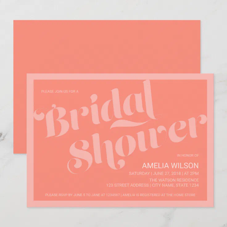 Flourish Typography Coral Salmon Bridal Shower Invitation | Zazzle