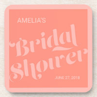 Flourish Typography Salmon Coral Bridal Shower Coaster
