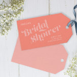 Flourish Typography Salmon Coral Bridal Shower Gift Tags<br><div class="desc">Adorn your Bridal Shower party favors with this stylish modern Bridal Shower gift tags in coral salmon featuring the word "Bridal Shower" in modern swirl flourish typography and a matching back side. Check out the matching Bridal Shower invitation in my store here -> http://www.zazzle.com/flourish_typography_coral_salmon_bridal_shower_card-256585681881776992?rf=238364477188679314 Personalize it by replacing the placeholder...</div>