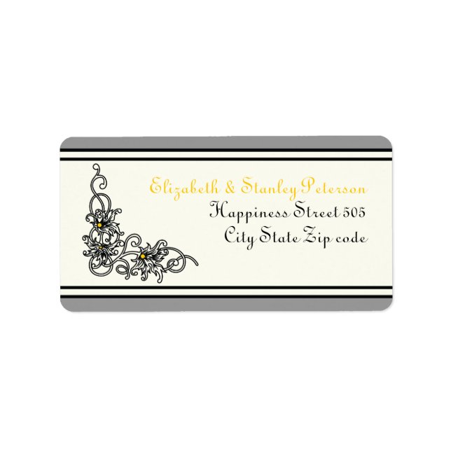 Flourish vine black, grey, yellow wedding label (Front)