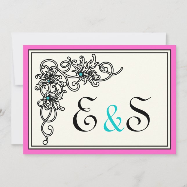 Flourish vine black pink turquoise wedding invitation (Front)